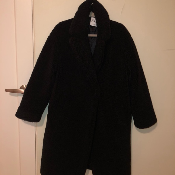 Zara Long Black Fleece Coat - Picture 2 of 5